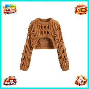 Cropped Knit Sweater Hollow Out Design Long Sleeve Oversized Fit
